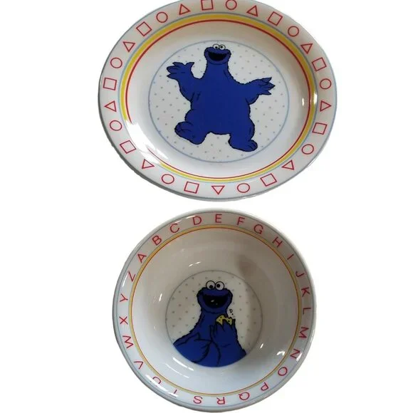Sesame Street Childs Plate Bowl Porcelain Cookie Monster 2 pc set Vintage - Picture 4 of 9